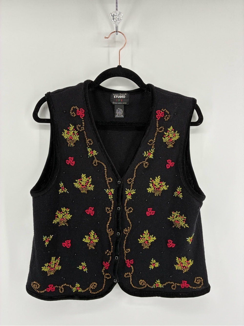 Black Embroidered Holiday Floral Vest with Red & Green Accents